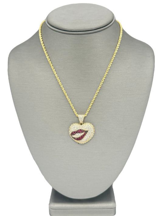 New 14K CZ Heart & Lips Pendant & Rope Chain H.J™️