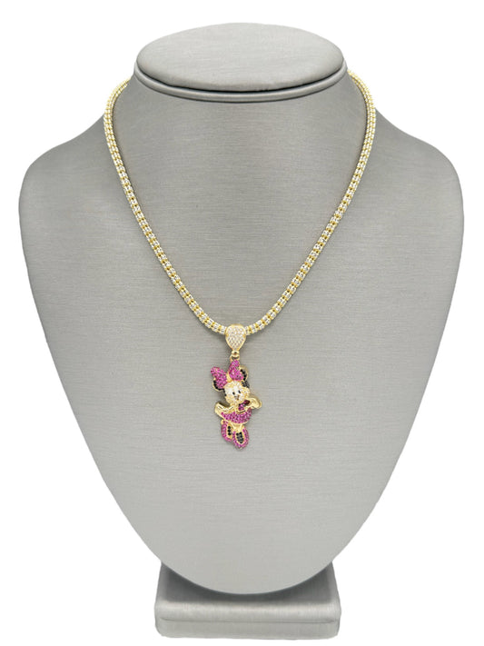 New 14K CZ Minnie Pendant & Ice Chain (3.4MM). H.J™️