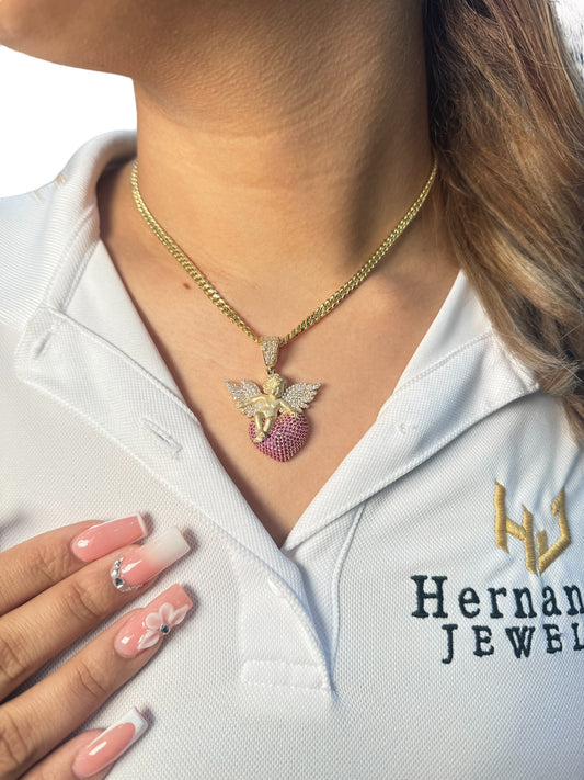 New 14K CZ Angel & Heart Pendant & Miami Cuban Chain. H.J™️