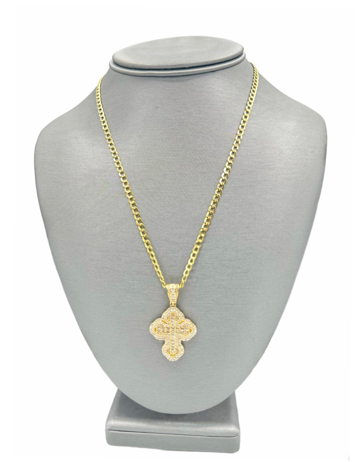 New 14K CZ Cross Pendant & Cuban Chain (3.5MM). H.J™️